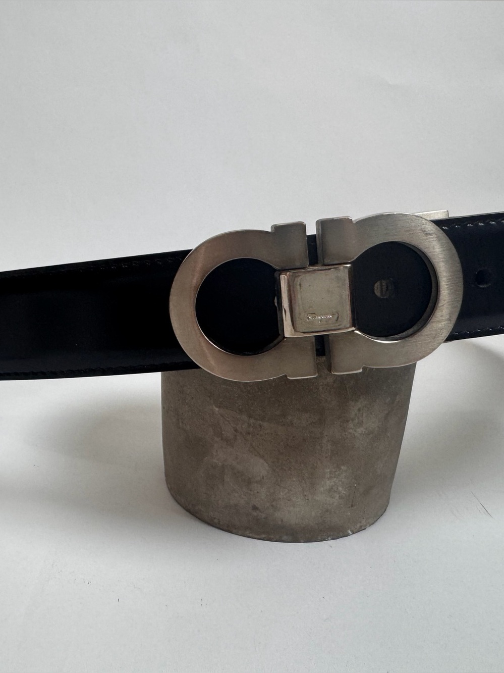 Salvatore Ferragamo Black Leather Belt with Silver Double Gancini Buckle